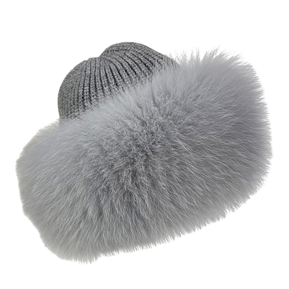 ECYC Women’s Winter Faux Fur Hat Gray Fluffy Warm Knit Hat Faux Fur Brim